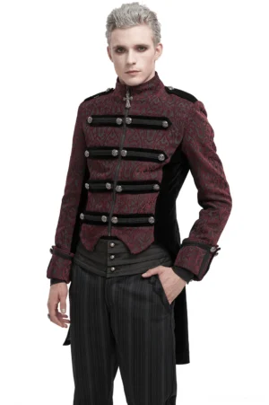 Men's wine red gothic tailcoat with damask pattern and cross pendant zipper, front three-quarter view showcasing black velvet panels and military decorative straps