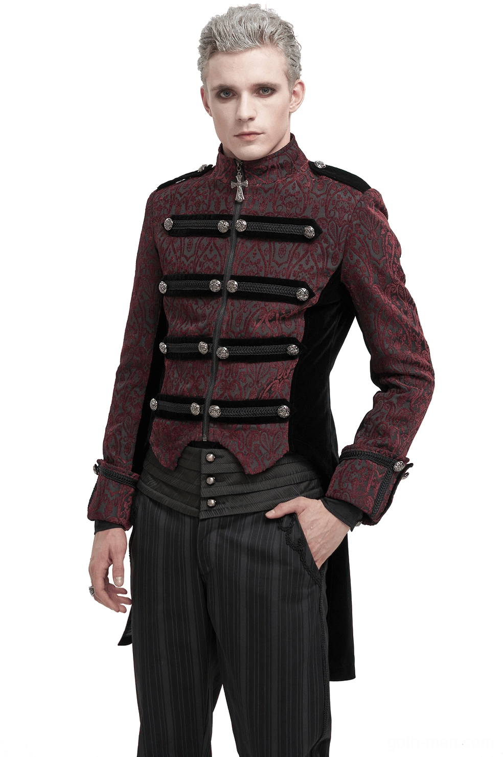 Men's wine red gothic tailcoat with damask pattern and cross pendant zipper, front three-quarter view showcasing black velvet panels and military decorative straps