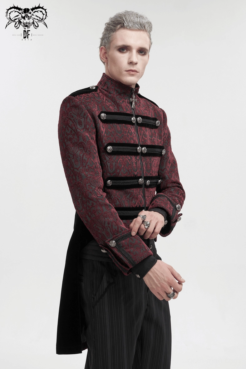 Wine red gothic tailcoat flat view showing complete front design with stand collar, military straps, and damask jacquard weave pattern