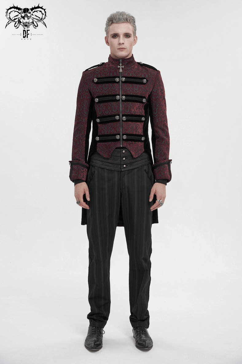 Full-length front view of men's wine red gothic tailcoat featuring damask pattern, cross pendant zipper closure, and structured silhouette