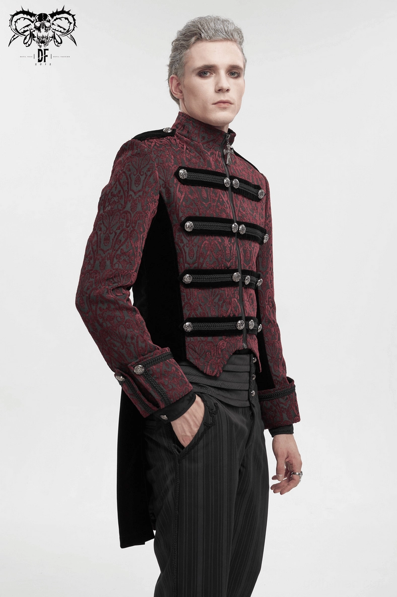 Men's wine red gothic tailcoat worn by model showing tailored fit, split tail hem, and refined alternative fashion aesthetic