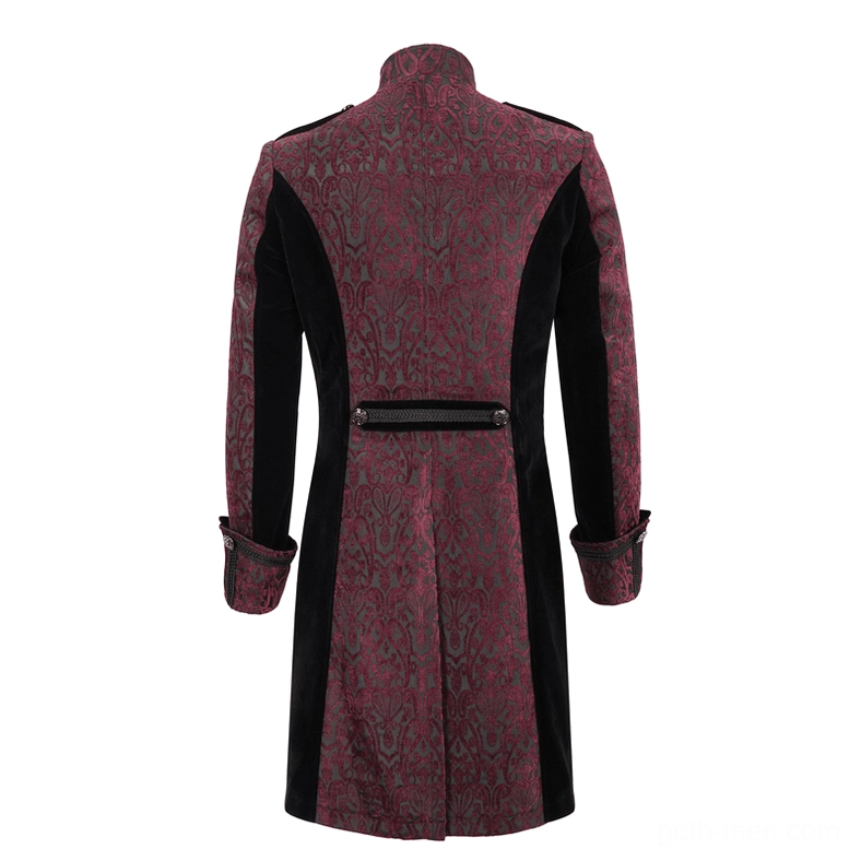 Rear flat view of wine red gothic tailcoat displaying velvet side inset panels, central waist decorative strap, and extended tail hem