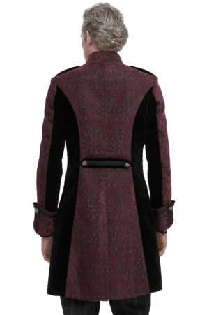 Gothic wine red tailcoat rear view displaying split tail hem, velvet side inset panels, and decorative waist strap on male model