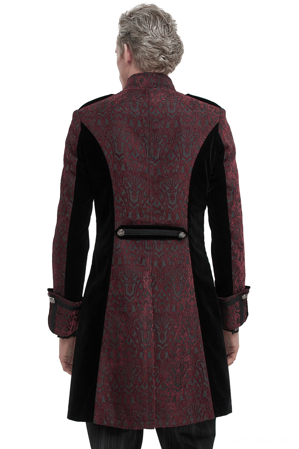 Gothic wine red tailcoat rear view displaying split tail hem, velvet side inset panels, and decorative waist strap on male model