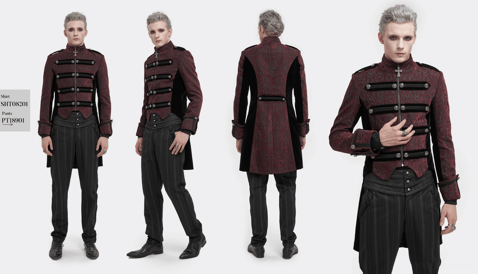 Wine red gothic tailcoat detailed side view on model displaying fitted waist, velvet inset panel, and military decorative button strap