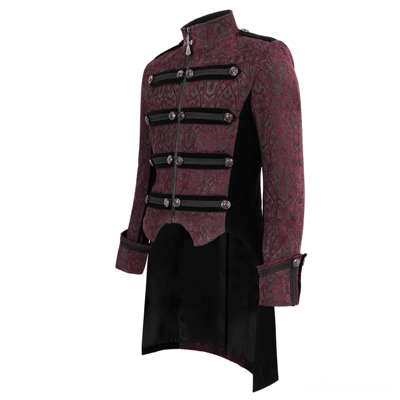 Flat display of gothic tailcoat showing three-quarter front angle with buttoned cuffs, split tail hem, and military-style decorative strap details