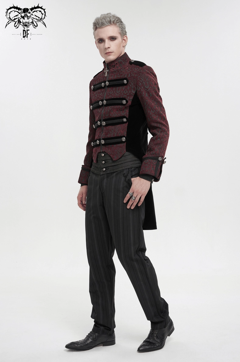 Wine red gothic tailcoat on male model showing three-quarter angle with black velvet side panels and decorative military strap details