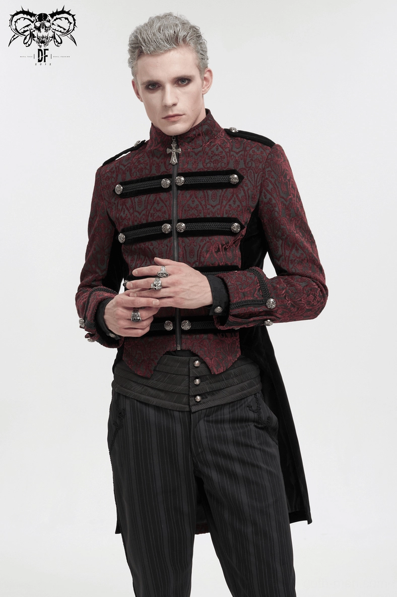 Studio shot of wine red gothic tailcoat showing front closure with cross pendant zipper and damask pattern intensity on fabric