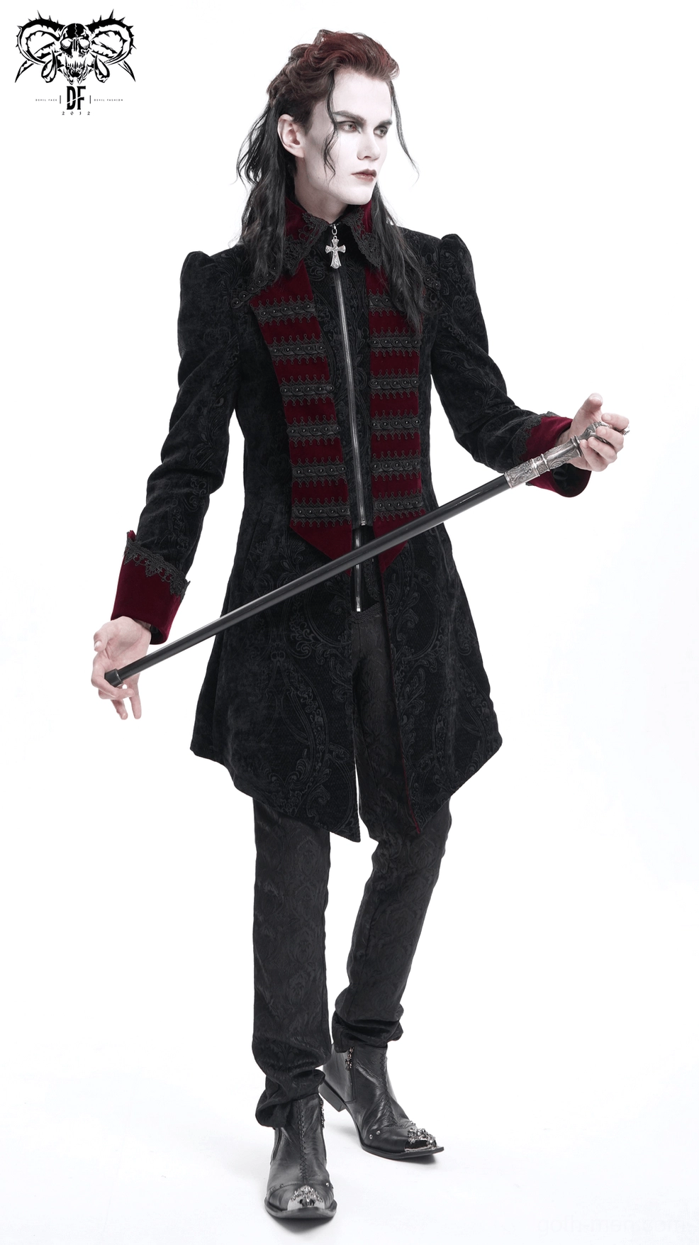 Gothic tailcoat worn view on model demonstrating drape and movement of brocade fabric