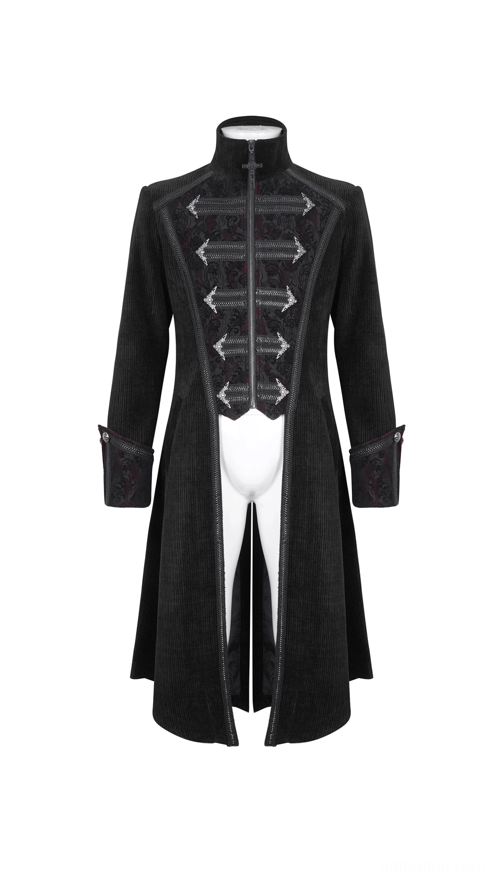 Gothic velvet tailcoat with zippered stand collar and military-style embroidery details front view