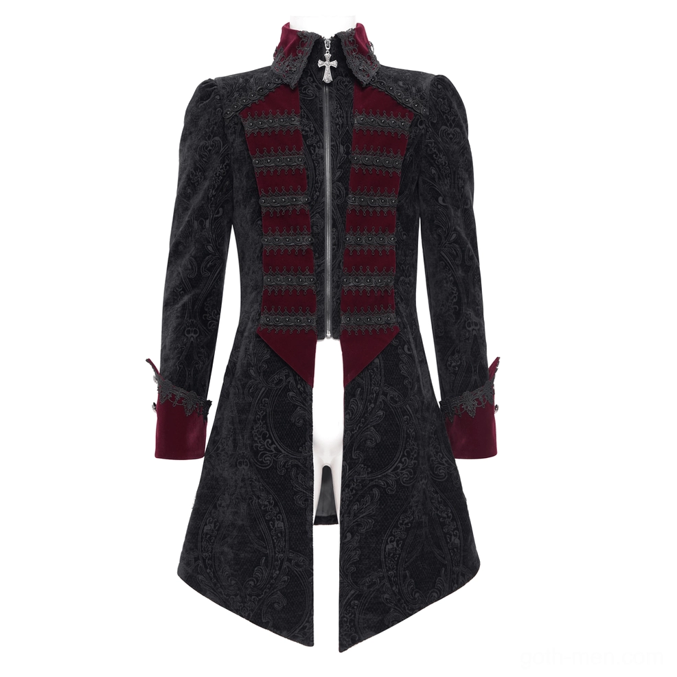 Men's gothic tailcoat front display on mannequin - zip front closure with red velvet panels