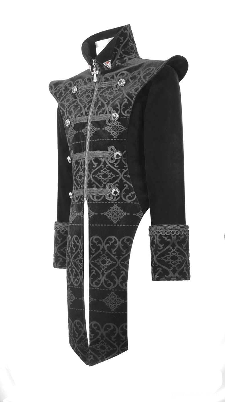 Black gothic velvet tailcoat angled flat lay front showing central metal zipper and embossed gothic patterns