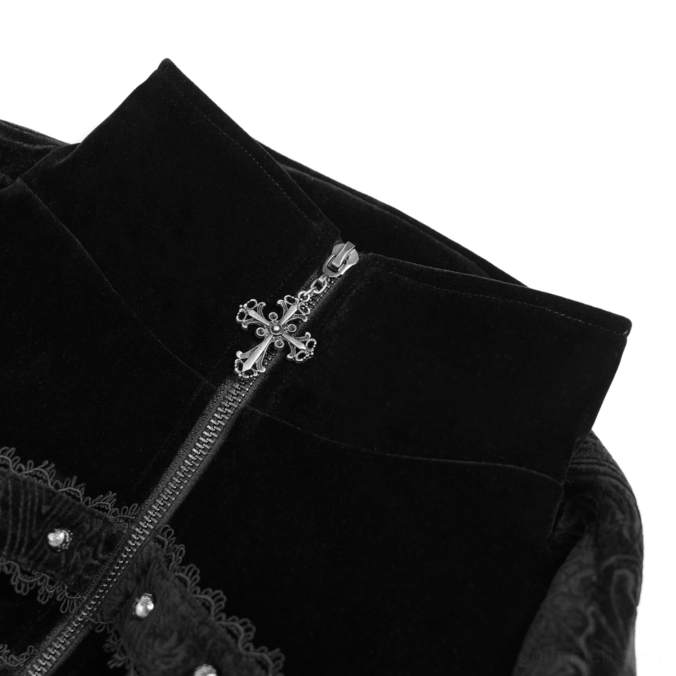 Close-up detail of black gothic tailcoat showing cross-shaped zipper pull, velvet material texture, and metal zipper mechanism