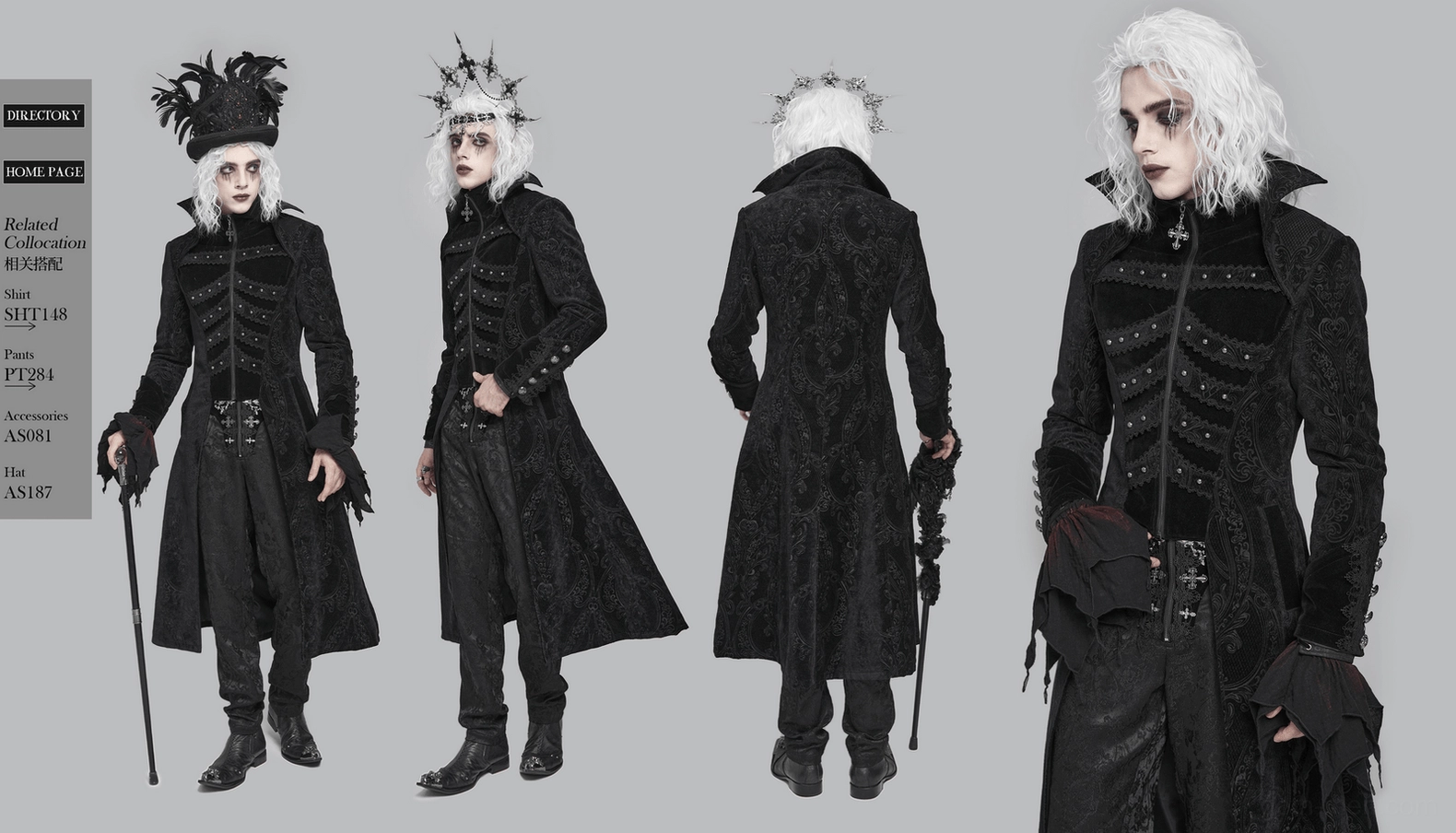 Black Victorian gothic tailcoat detail showing ornate zipper placement, metal studs arrangement, and front panel construction