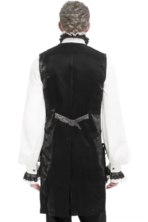 Back view of men's gothic tailed waistcoat featuring dramatic black satin tail panels and tailcoat design