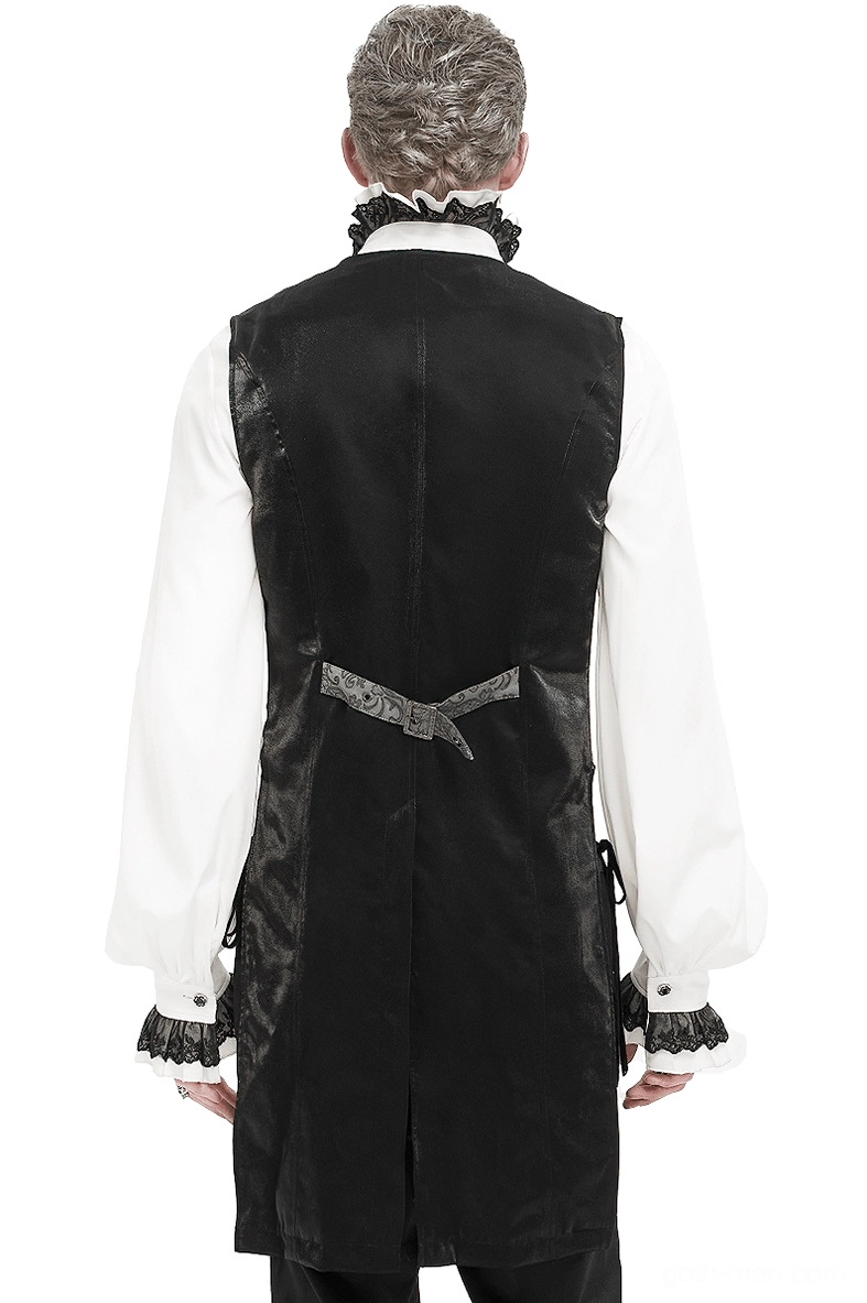 Back view of men's gothic tailed waistcoat featuring dramatic black satin tail panels and tailcoat design