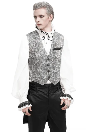 Men's gray and black jacquard gothic tailed waistcoat with paisley pattern - front view on model