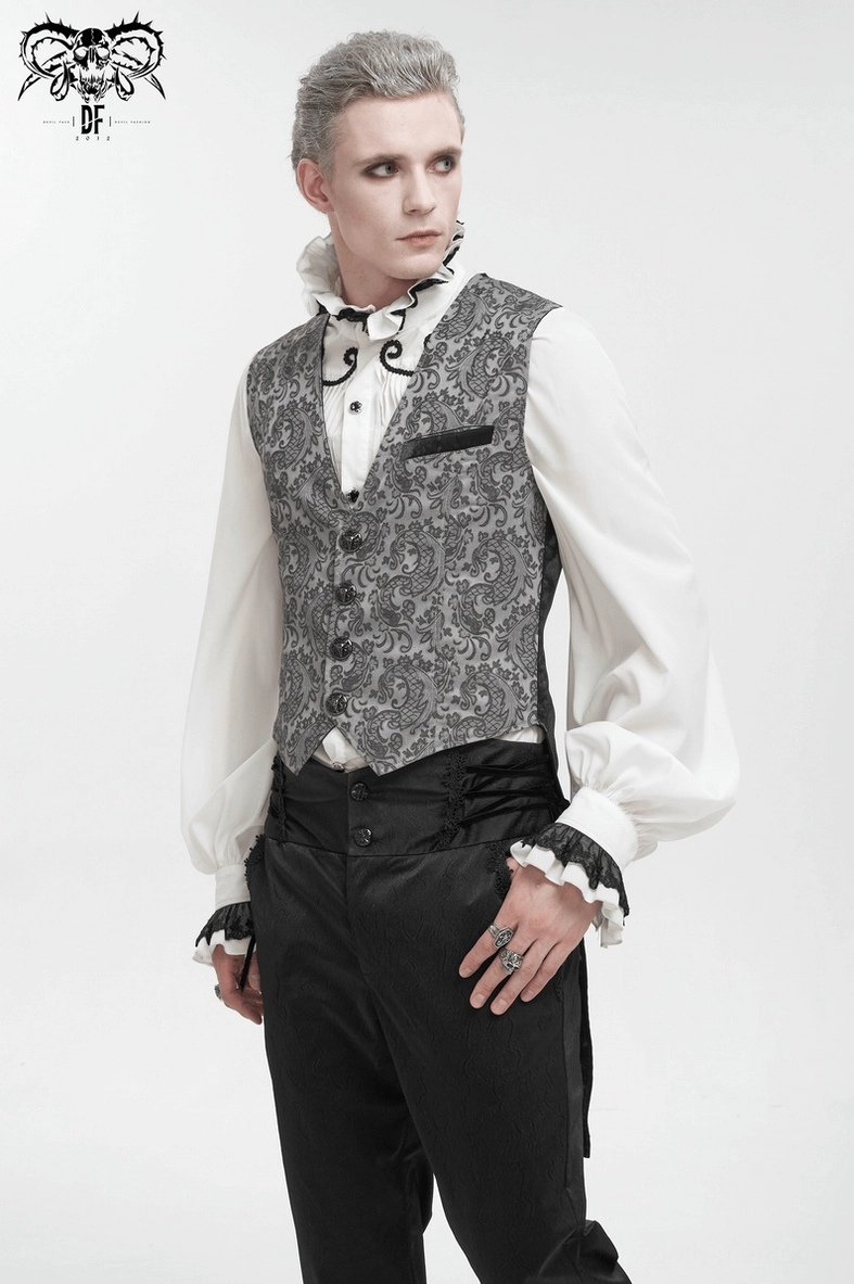 Full-length view of men's gothic waistcoat showing the dramatic extended tail panels and tailored fit silhouette