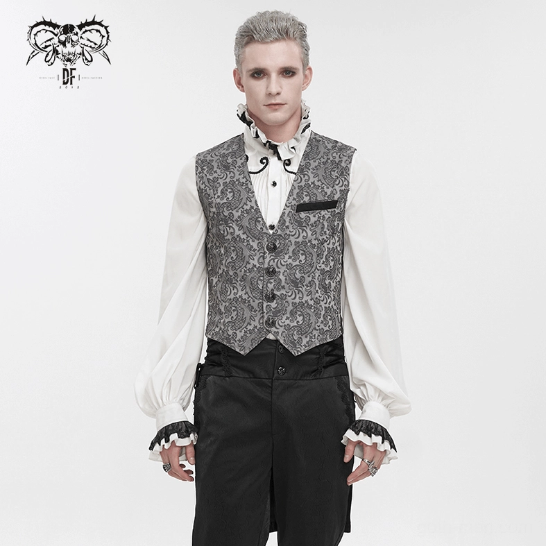 Men's gray and black gothic tailed waistcoat styled with formal accessories and alternative fashion elements