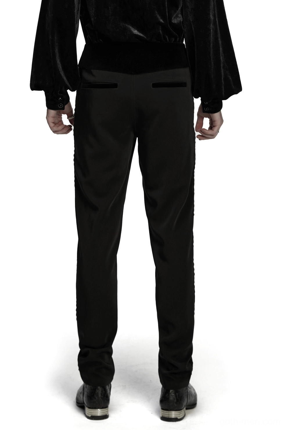 Black gothic tailored trousers with embroidered lace seams - rear model view