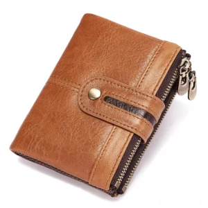 Tan brown genuine leather wallet with striped buckle and dual-sided zippers, perspective angle display
