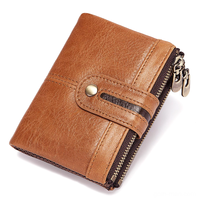 Tan brown genuine leather wallet with striped buckle and dual-sided zippers, perspective angle display