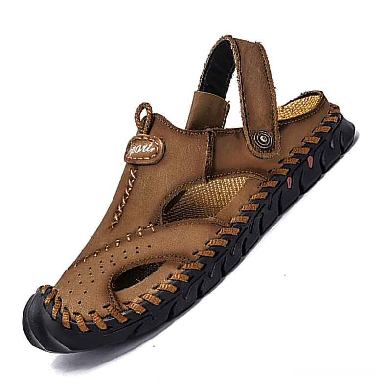 Men's light brown genuine leather gothic sandals with woven stitch trim and adjustable ankle strap