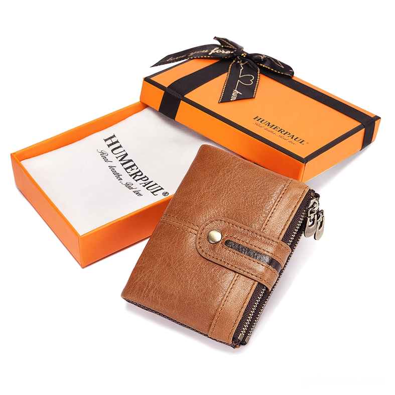 Tan leather gothic wallet gift presentation with orange branded gift box and bow tie decoration