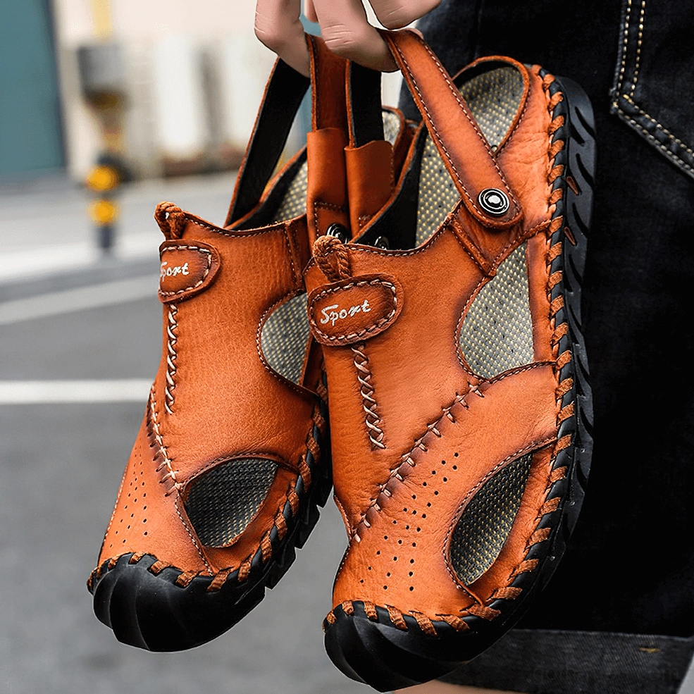 Men's tan genuine leather gothic ankle-wrap sandals with adjustable positioning strap
