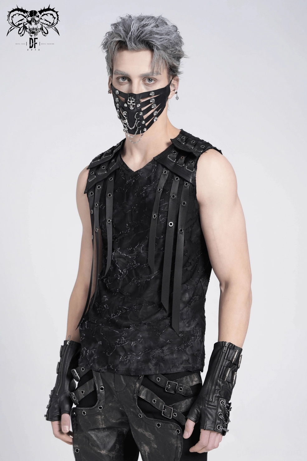 Gothic tank top rear view highlighting destroyed texture distressed pattern and strap architecture