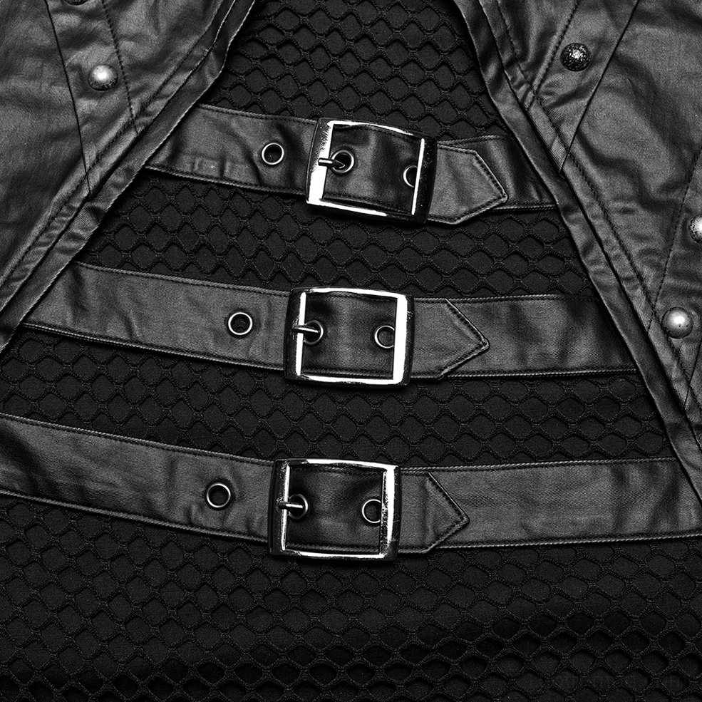 Close-up macro shot of gothic tank top buckle straps - silver metal buckles and adjustable faux leather