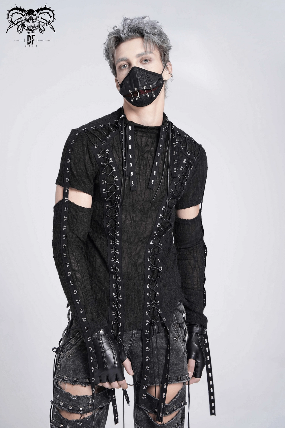 Men's gothic tank with corset front lacing - detailed view of design construction