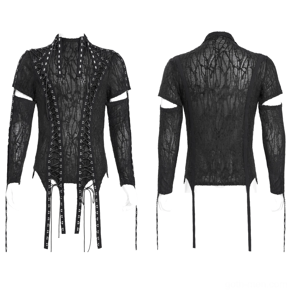 Men's gothic tank with corset front lacing and architectural cutout sleeves - flat lay display