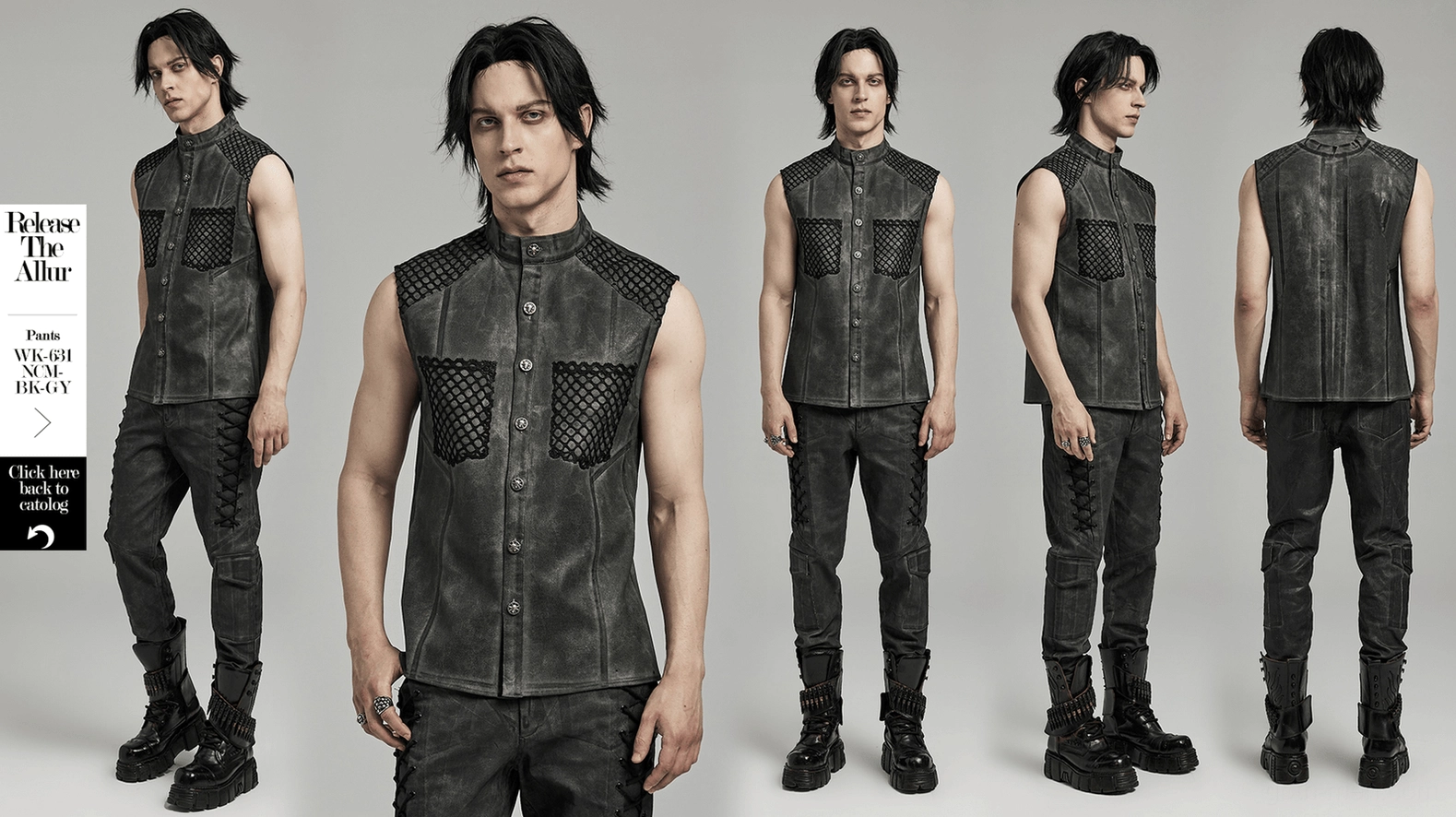 Gothic sleeveless tank detail of distressed faded black fabric treatment and tailored seam construction