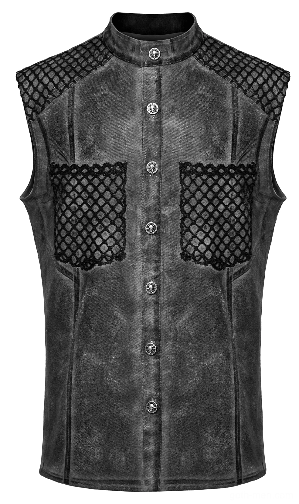 Gothic mesh tank front flat lay close-up, highlighting stand collar, decorative skull metal buttons, and mesh patch pockets