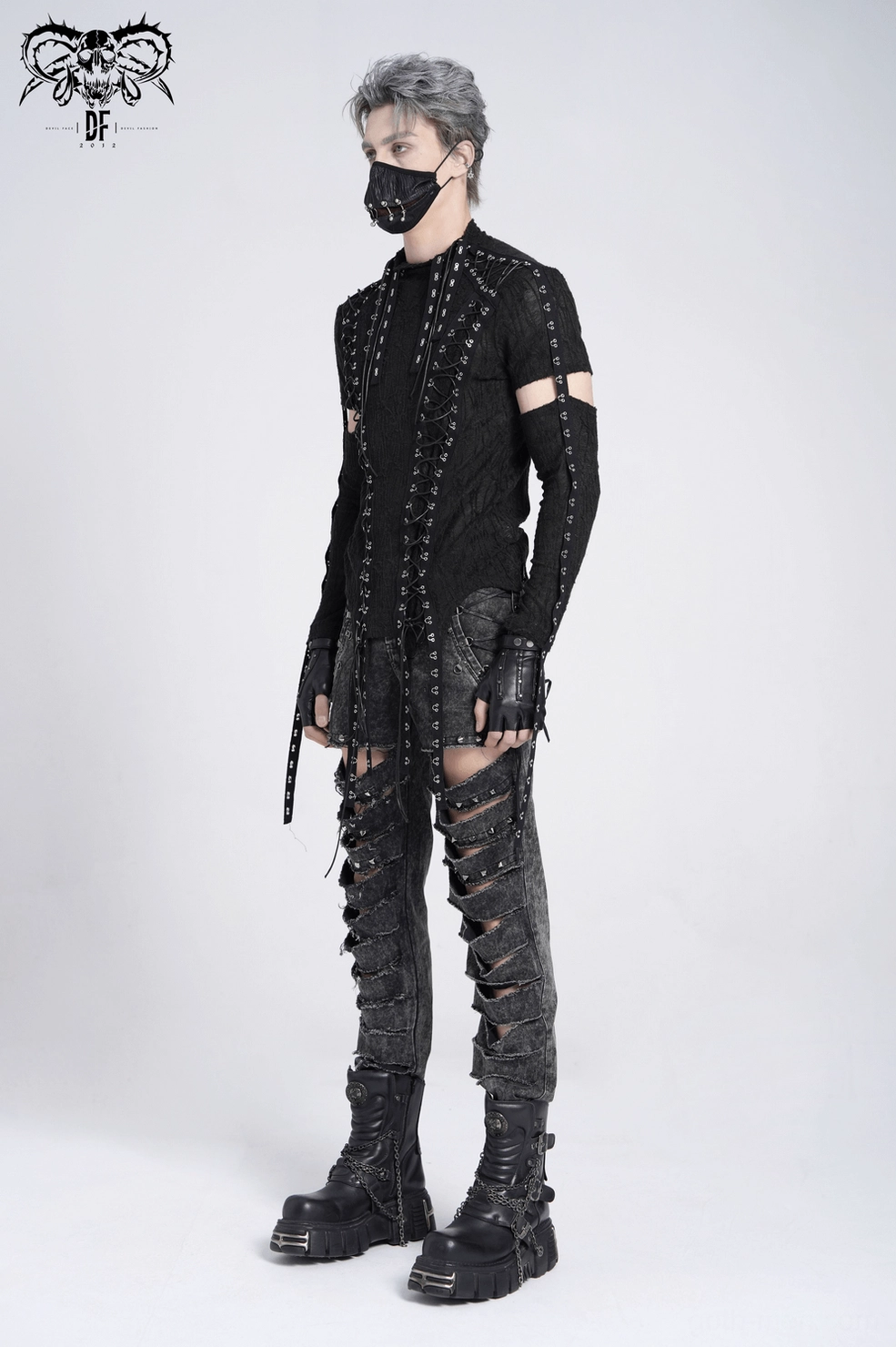 Gothic tank top with grommet lacing and cutout sleeves - side profile detail