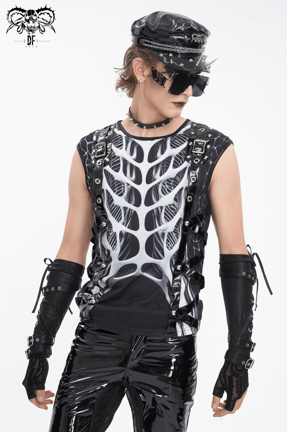 Bottom hem and overall silhouette of black gothic skeleton tank top