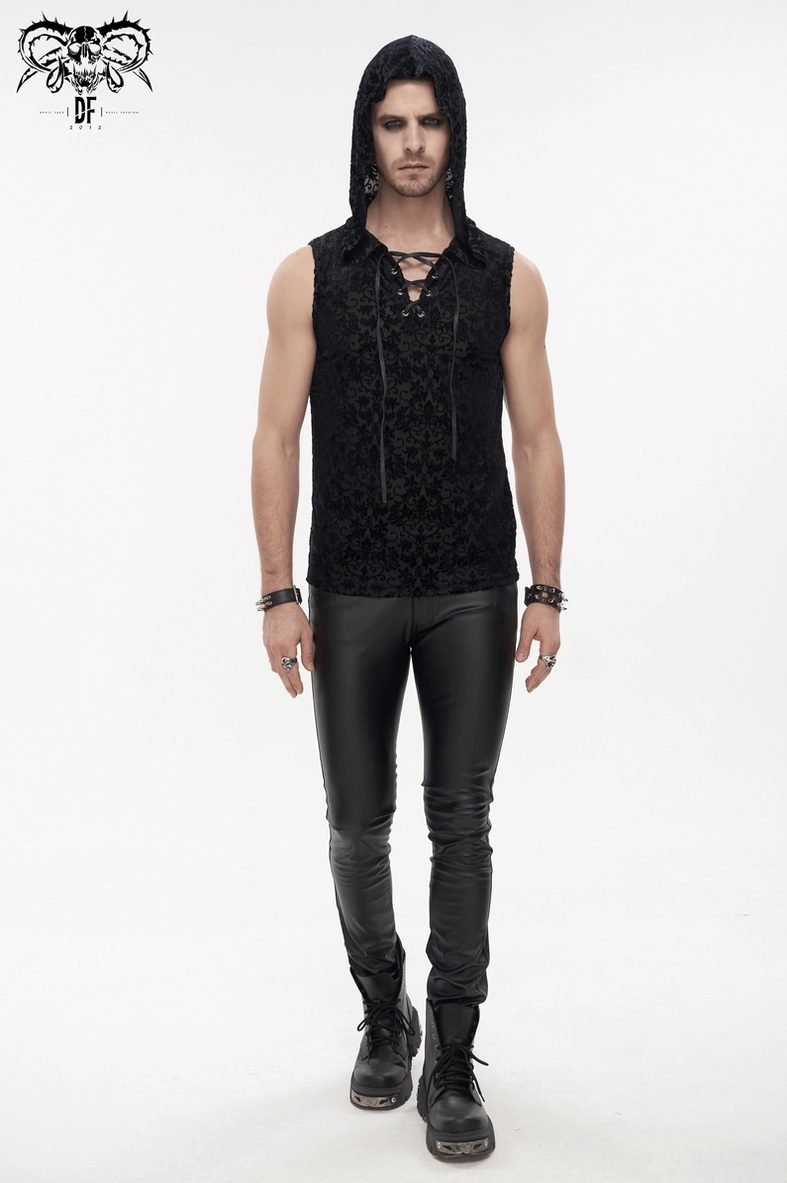 Men's gothic tank top with hood and decorative lace-up, mannequin quarter view showing side profile