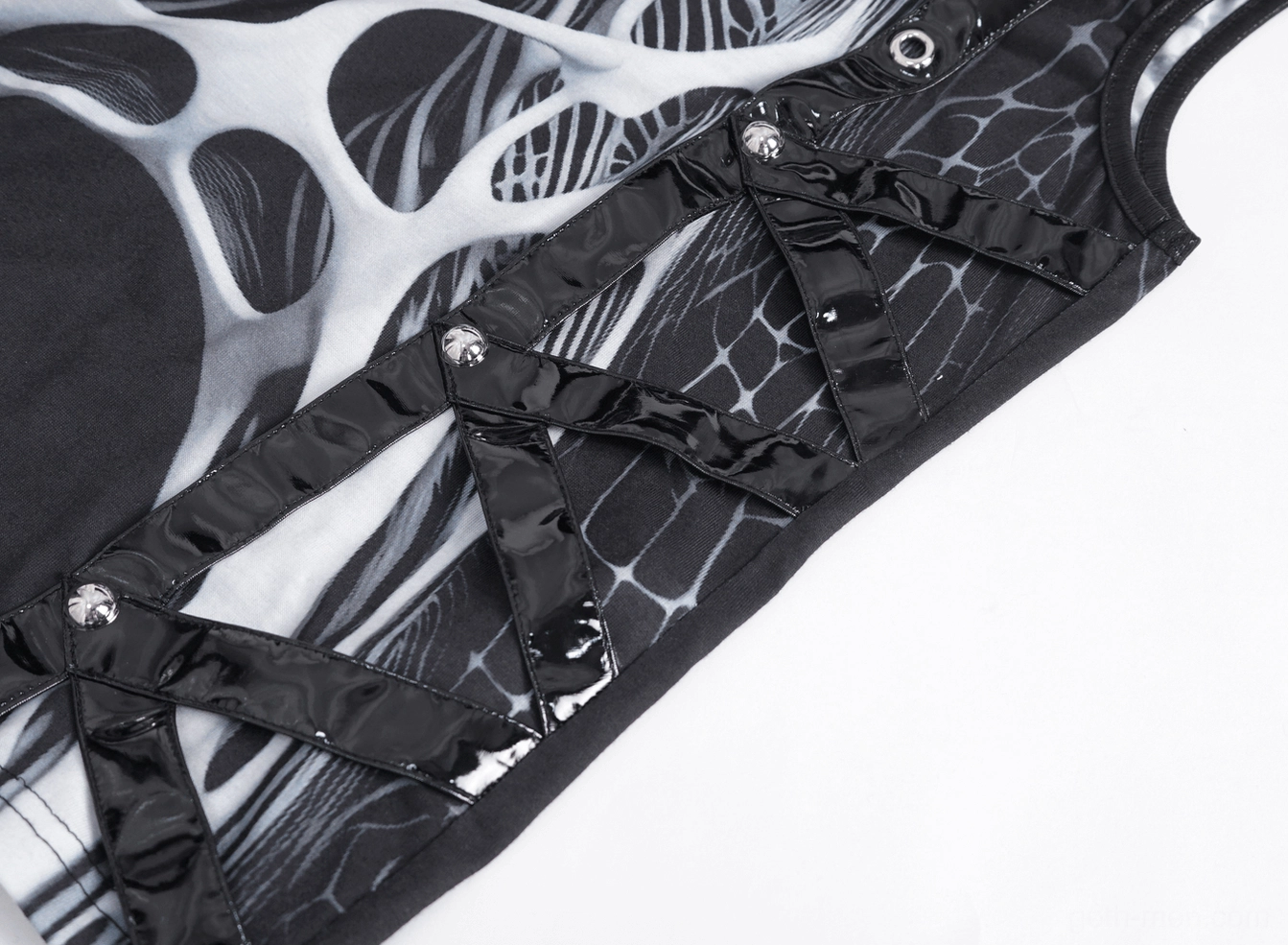 Side strap detail showing cross lace-up PU leather and metal rivet fasteners
