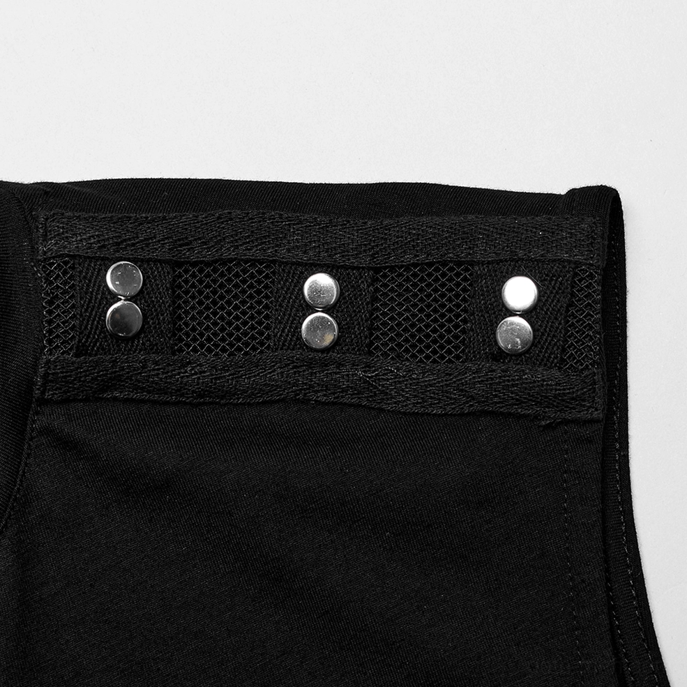 Close-up detail of mesh grid panel with double silver metal studs on gothic tank