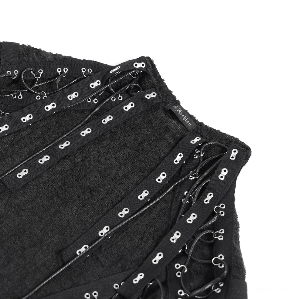 Close-up detail of metal eyelet grommets and black lace cords on gothic tank
