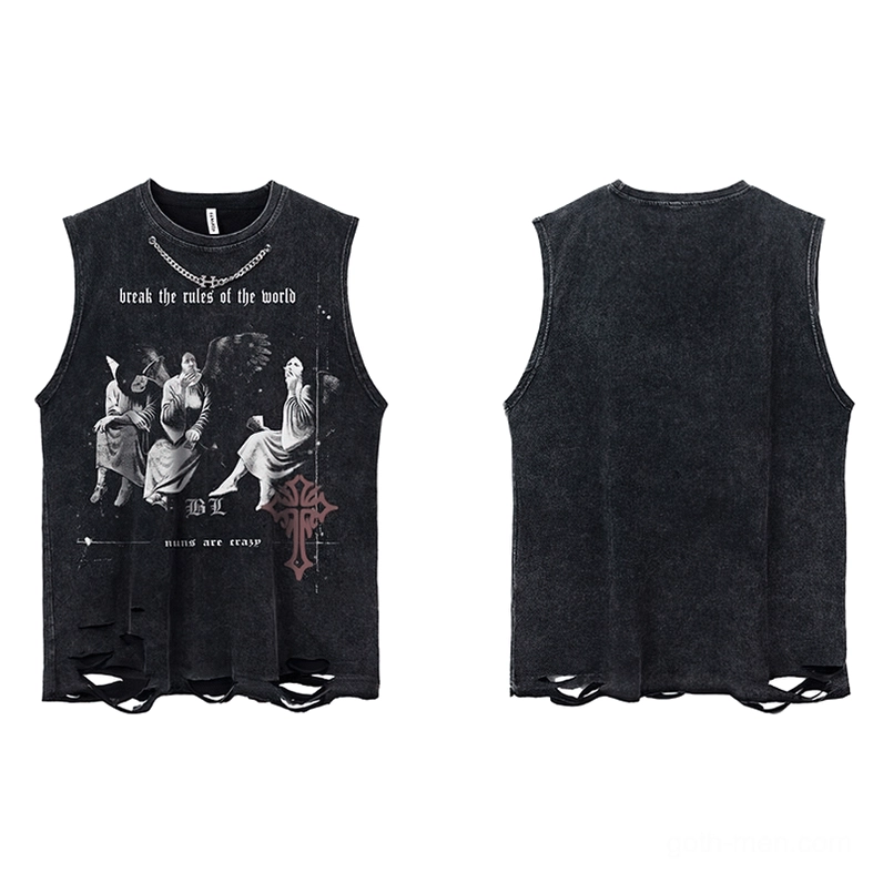 Close-up of gothic tank top neckline with attached curb chain and brand tag detail