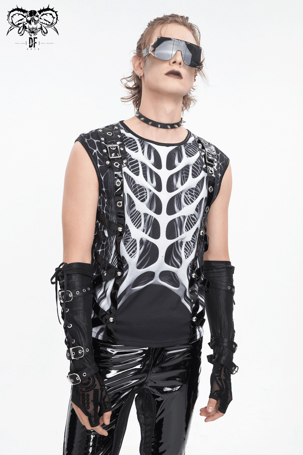 Neckline and shoulder construction of black skeleton gothic sleeveless tank