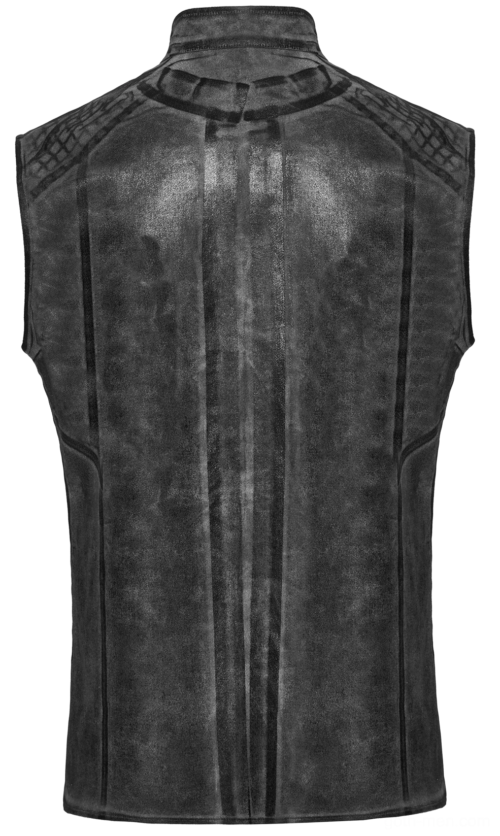 Gothic mesh sleeveless tank rear flat lay, displaying tailored back seams and faded distressed black fabric