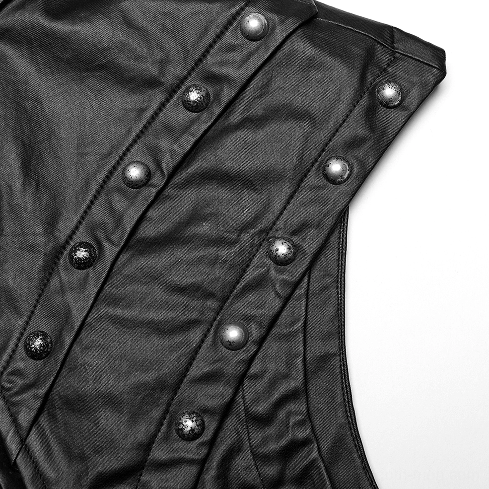 Macro detail of shoulder rivets on gothic mesh tank top - metal stud decorations on black PU leather