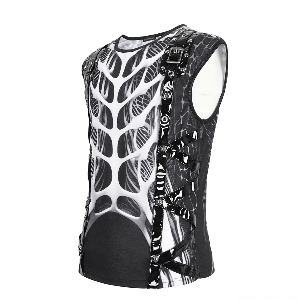 Side flat lay view of gothic tank top displaying cross lace-up PU leather straps