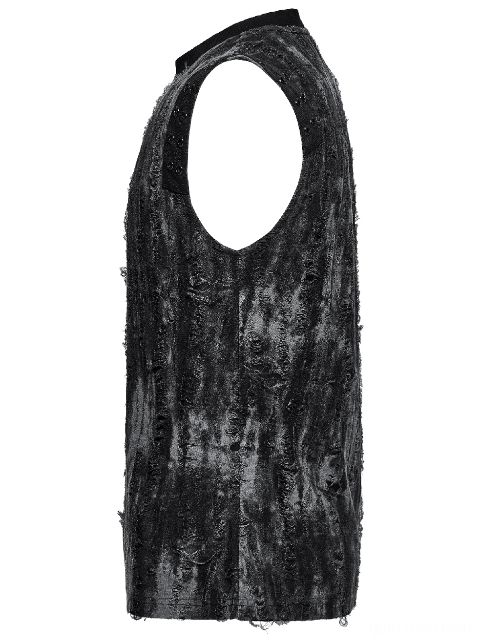 Distressed eyelet shoulder gothic tank - side profile showing sleeveless cut and frayed texture