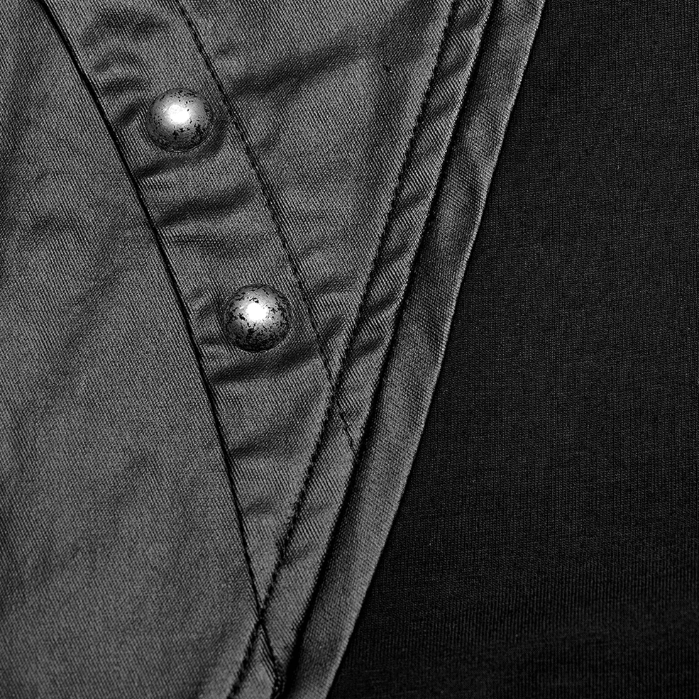 Close-up detail of gothic tank top side rivets and mixed fabric - industrial metal ornamentation
