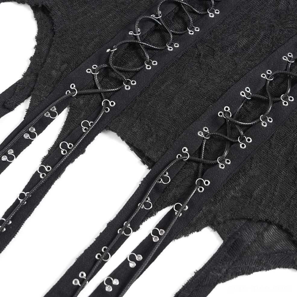 Black gothic mesh tank top with cutout arms - three-quarter angle view