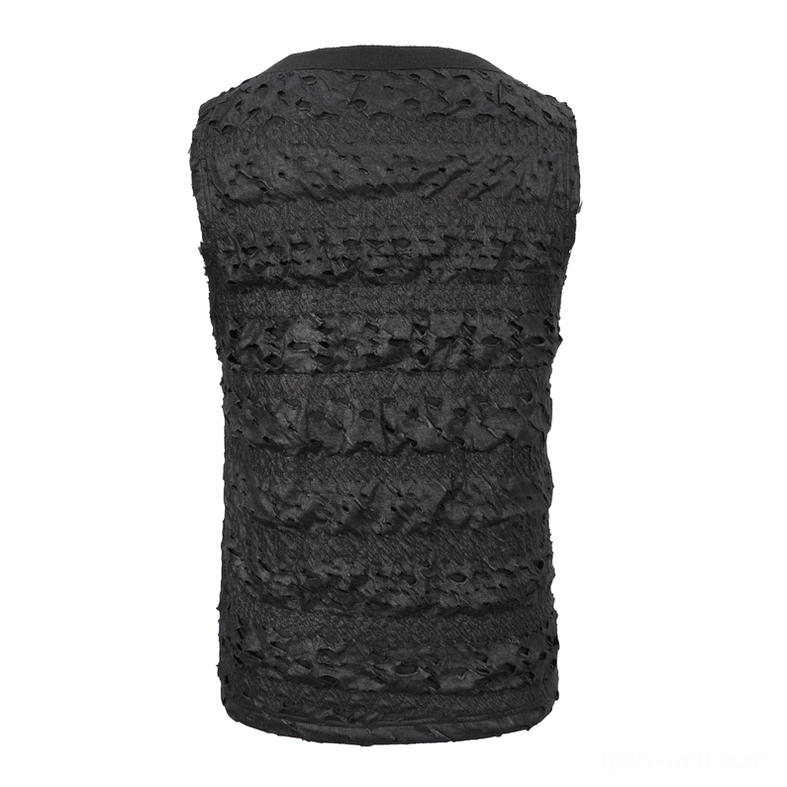 Rear flat lay of black gothic tank top displaying layered ruffled distressed fabric